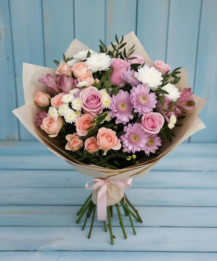 Букет цветов из: Хризантемы, Розы и Альстромерии в Мяундже
