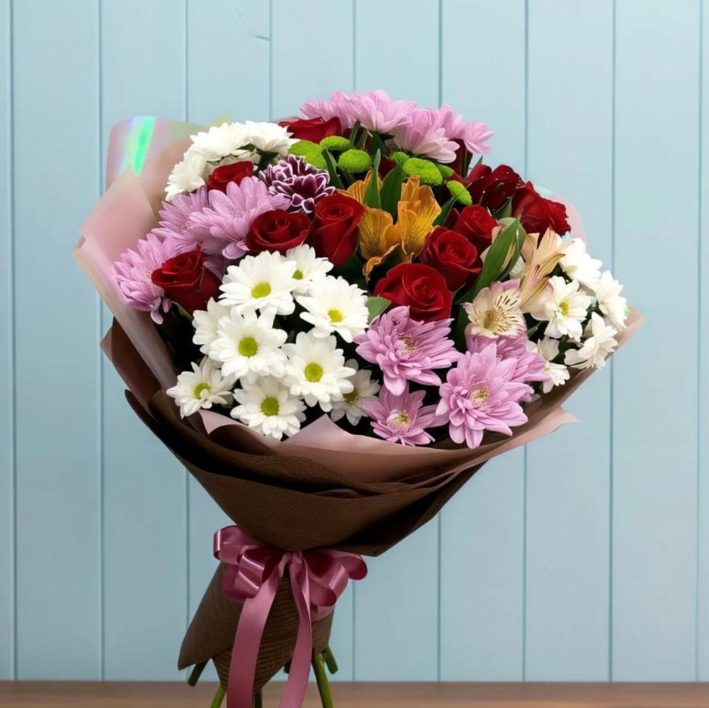 Букет цветов из: Розы, Хризантемы и Альстромерии в Мяундже
