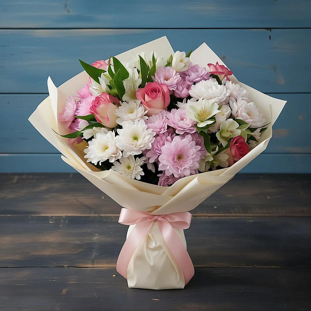 Букет цветов из: Хризантемы, Альстромерии и Розы в Мяундже